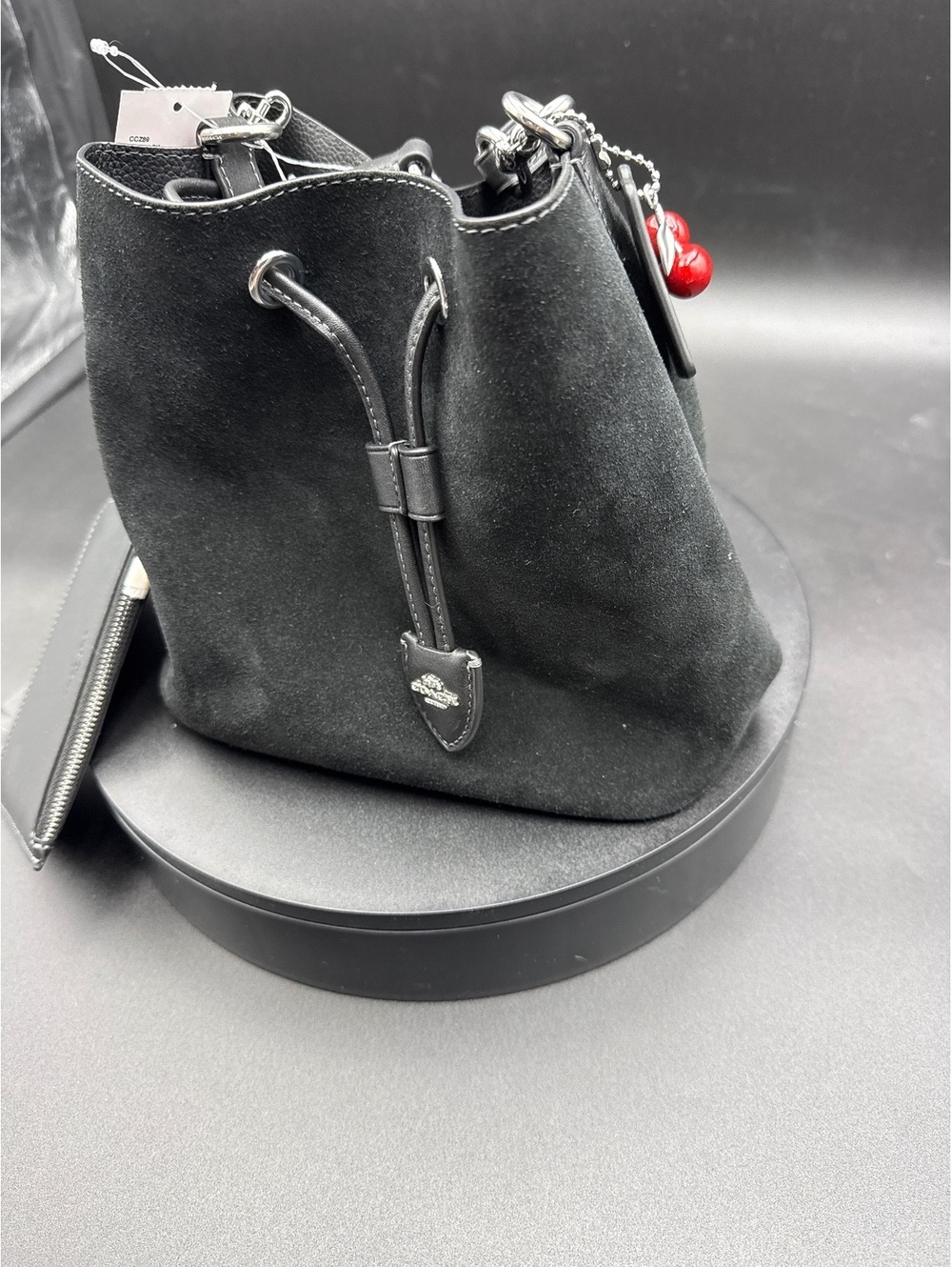 Coach Side Cherry Suede Drawstring Bucket Bag, Leather Trim